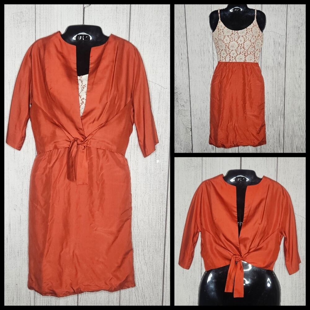 Vintage Handmade Dress & Jacket Set - Orange and Cream Lace, size XXS/XS